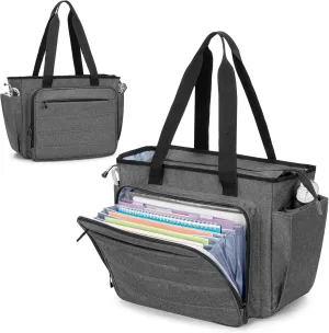 CURMIO Nurse Tote Bag for Women, Portable Medical Supplies Shoulder Bag with A4 Size Accordion File Organizer Compartment and 15.6” Laptop Sleeve for Nursing Work, Home Health, Gray(Patent Pending)