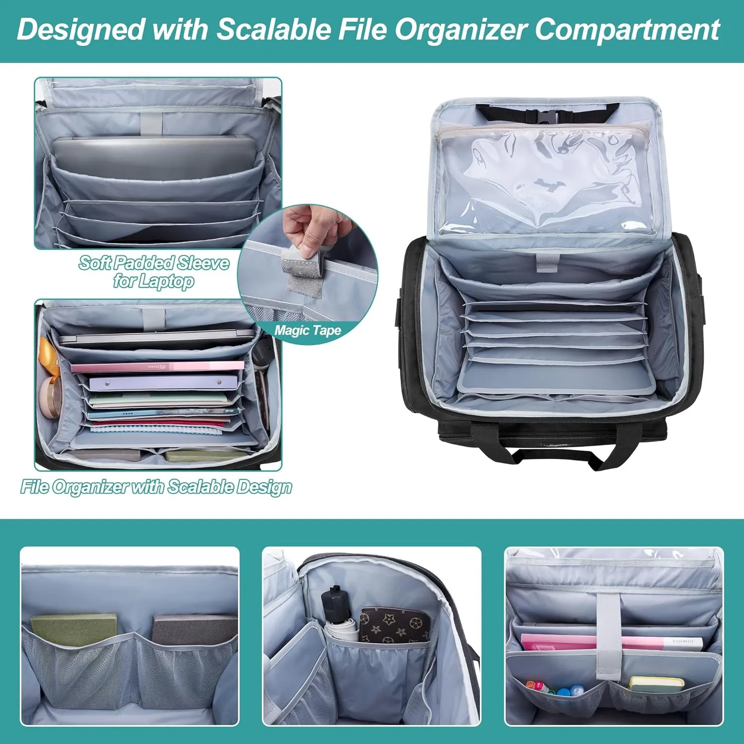 CURMIO Rolling Teacher Bag with Wheels, Teacher Rolling Cart, Rolling Briefcase with Accordion Organizer and 15.6" Laptop Sleeve for School or Work, Black(Patented Design)