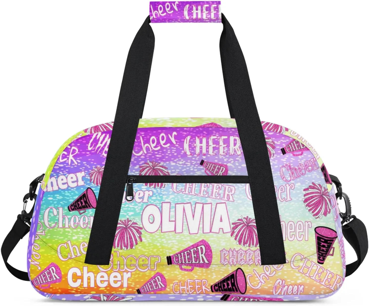 Custom Name Dance Cheerleading Bag, Personalized Name Gymnastics Sport Cheerleader Bag, Barrel Ballet Duffel Bag Women, Gradient Purple Blue Lime Dots Background