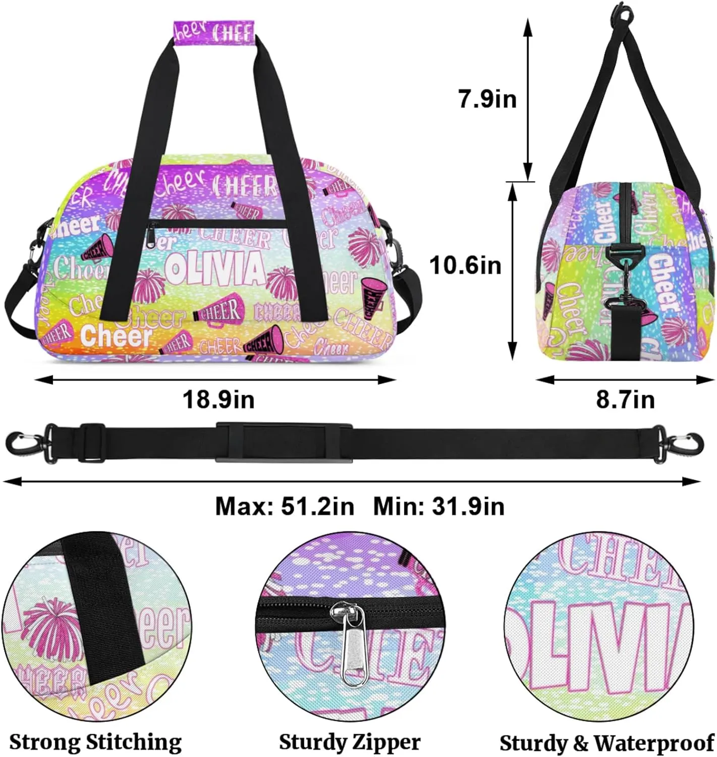 Custom Name Dance Cheerleading Bag, Personalized Name Gymnastics Sport Cheerleader Bag, Barrel Ballet Duffel Bag Women, Gradient Purple Blue Lime Dots Background