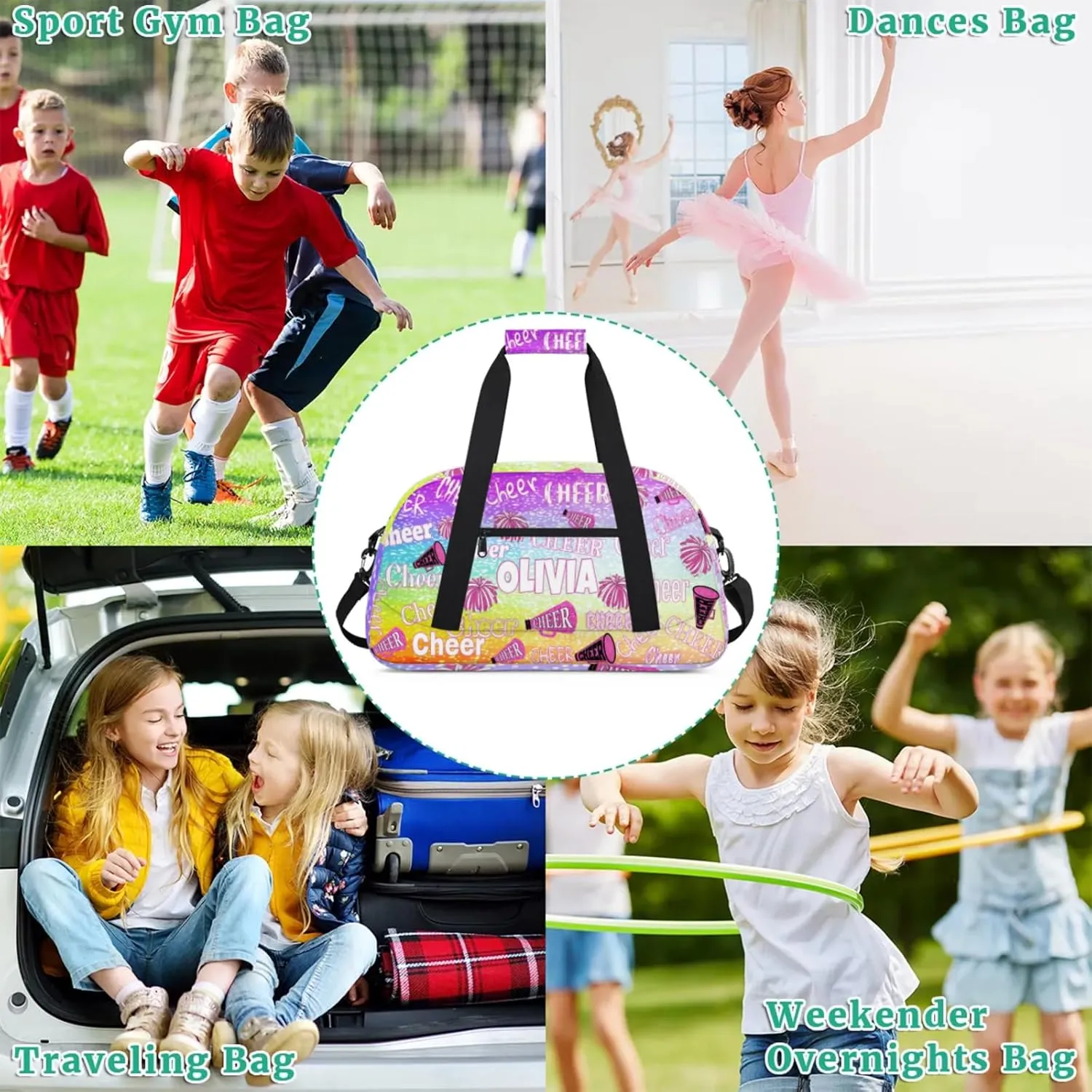 Custom Name Dance Cheerleading Bag, Personalized Name Gymnastics Sport Cheerleader Bag, Barrel Ballet Duffel Bag Women, Gradient Purple Blue Lime Dots Background