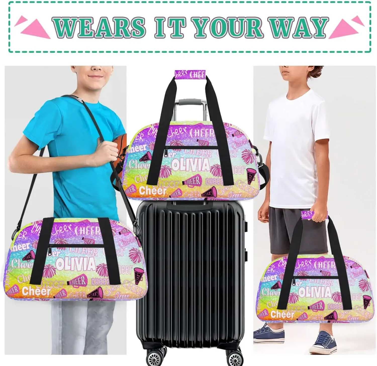 Custom Name Dance Cheerleading Bag, Personalized Name Gymnastics Sport Cheerleader Bag, Barrel Ballet Duffel Bag Women, Gradient Purple Blue Lime Dots Background