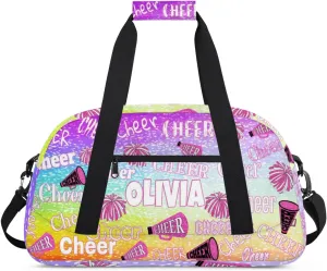 Custom Name Dance Cheerleading Bag, Personalized Name Gymnastics Sport Cheerleader Bag, Barrel Ballet Duffel Bag Women, Gradient Purple Blue Lime Dots Background