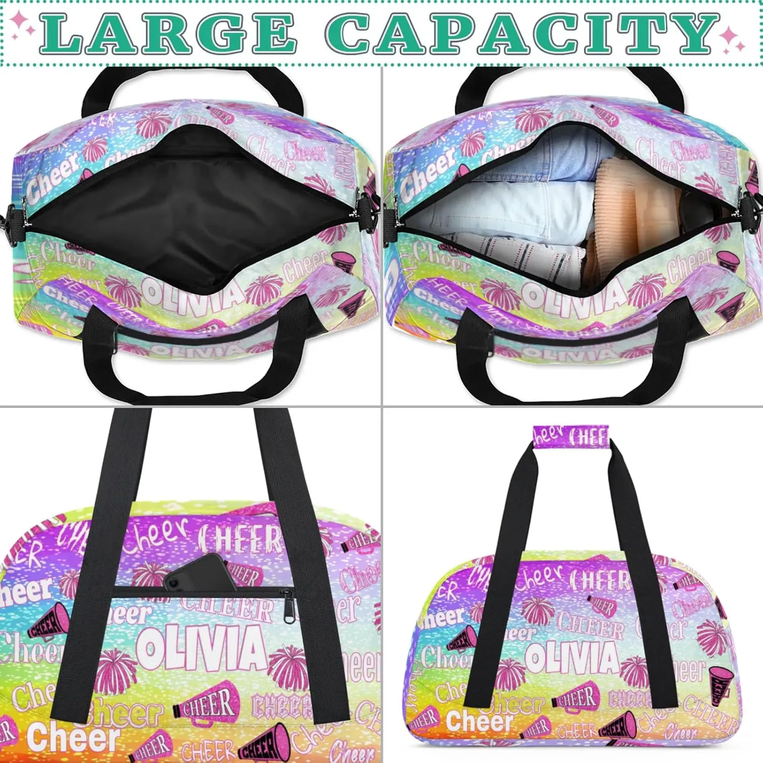 Custom Name Dance Cheerleading Bag, Personalized Name Gymnastics Sport Cheerleader Bag, Barrel Ballet Duffel Bag Women, Gradient Purple Blue Lime Dots Background