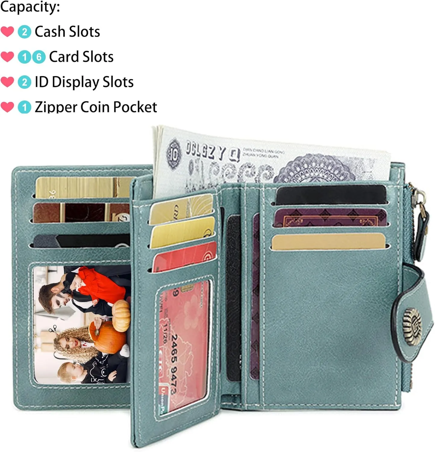 Custom Small Wallet,Engraved Name Leather Wallets with RFID Blocking Clutch Purse Bifold Credit Card Holder with Zipper Coin Pocket for Women (Vegan Leather, Light Blue)