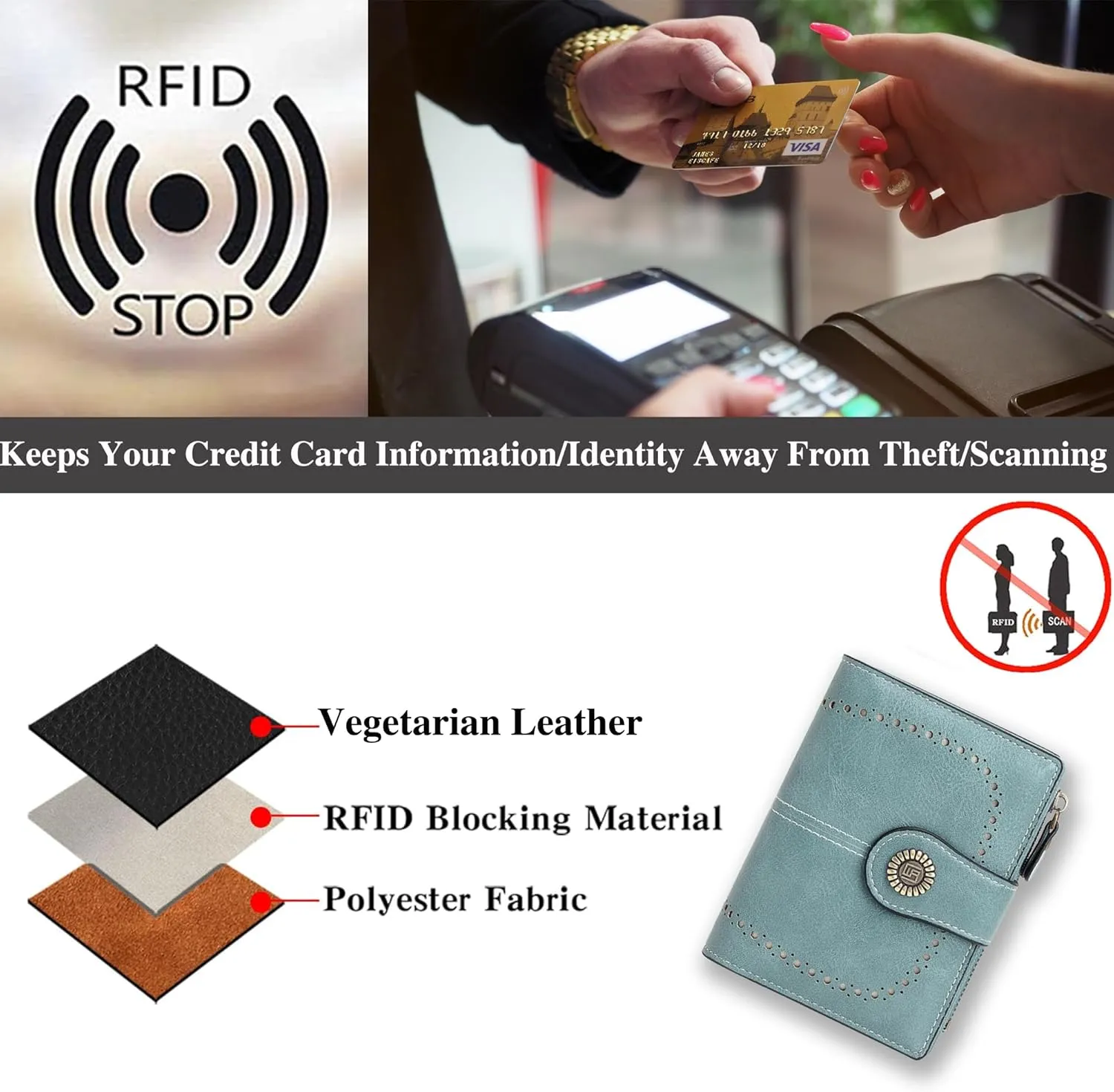 Custom Small Wallet,Engraved Name Leather Wallets with RFID Blocking Clutch Purse Bifold Credit Card Holder with Zipper Coin Pocket for Women (Vegan Leather, Light Blue)