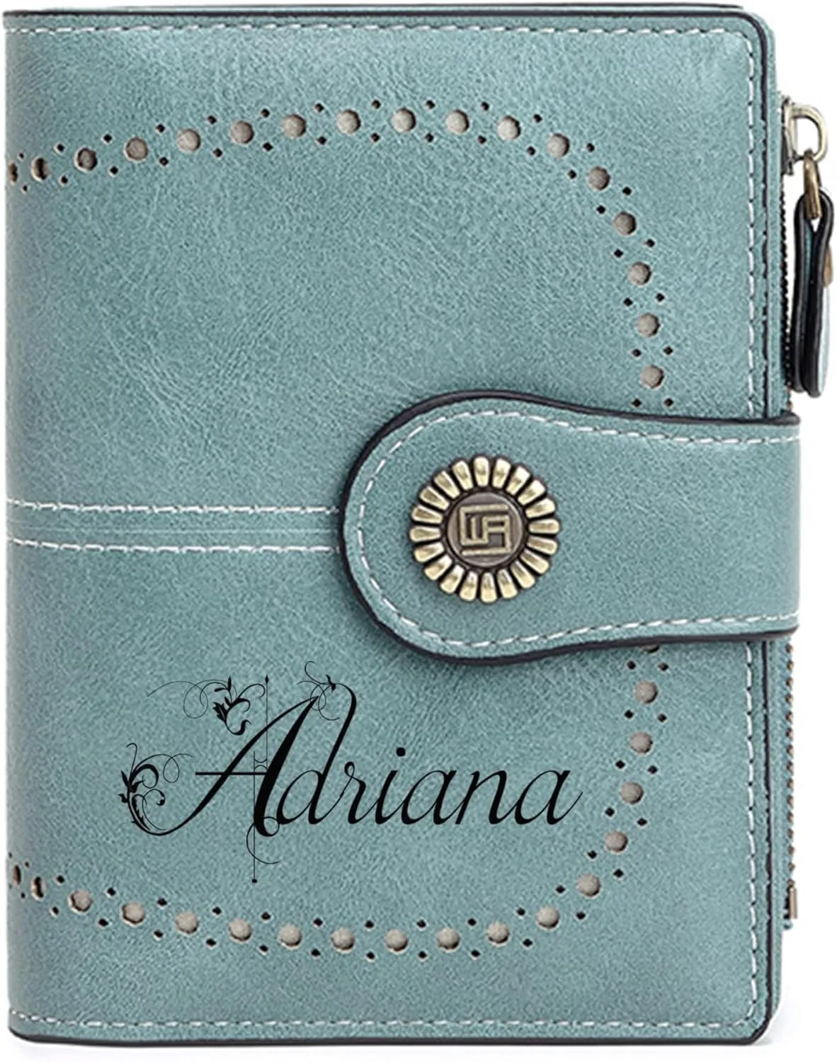 Custom Small Wallet,Engraved Name Leather Wallets with RFID Blocking Clutch Purse Bifold Credit Card Holder with Zipper Coin Pocket for Women (Vegan Leather, Light Blue)