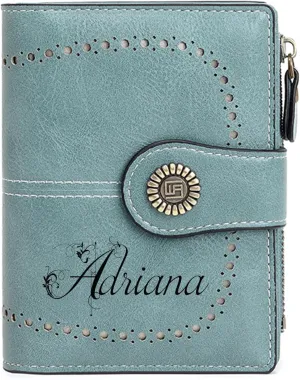 Custom Small Wallet,Engraved Name Leather Wallets with RFID Blocking Clutch Purse Bifold Credit Card Holder with Zipper Coin Pocket for Women (Vegan Leather, Light Blue)