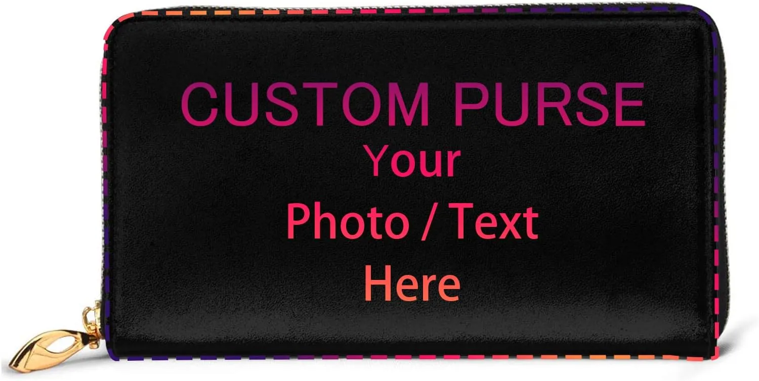 Custom Women Genuine Leather Wallets Personalized Photo Logo Image Text Credit Card Holder Organizer Ladies Purse Zipper Around Clutch Cash Pocket (Horizontal)