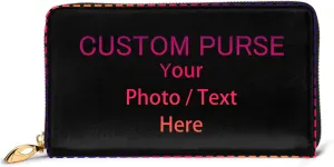 Custom Women Genuine Leather Wallets Personalized Photo Logo Image Text Credit Card Holder Organizer Ladies Purse Zipper Around Clutch Cash Pocket (Horizontal)