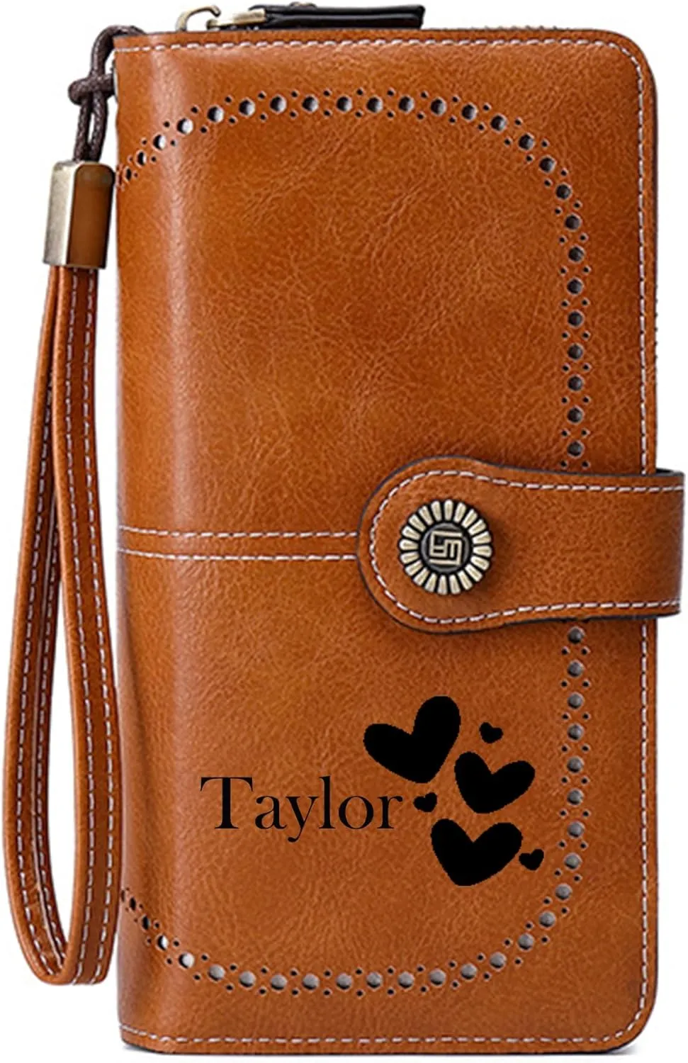 Custom Wristlet Wallet,Personalized Engraved Name Wallets with RFID Blocking Large Capacity Clutch Purse Credit Card Holder with Zipper Pocket for Women (Brown 02)