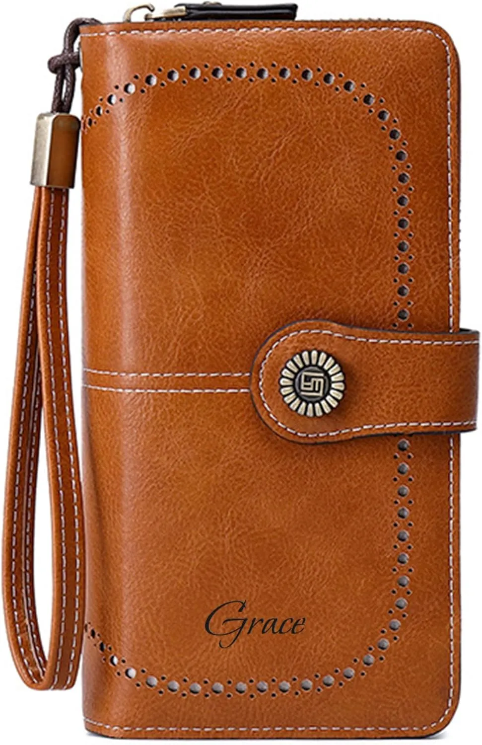 Custom Wristlet Wallet,Personalized Engraved Name Wallets with RFID Blocking Large Capacity Clutch Purse Credit Card Holder with Zipper Pocket for Women (Brown 02)
