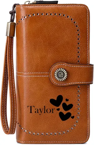 Custom Wristlet Wallet,Personalized Engraved Name Wallets with RFID Blocking Large Capacity Clutch Purse Credit Card Holder with Zipper Pocket for Women (Brown 02)