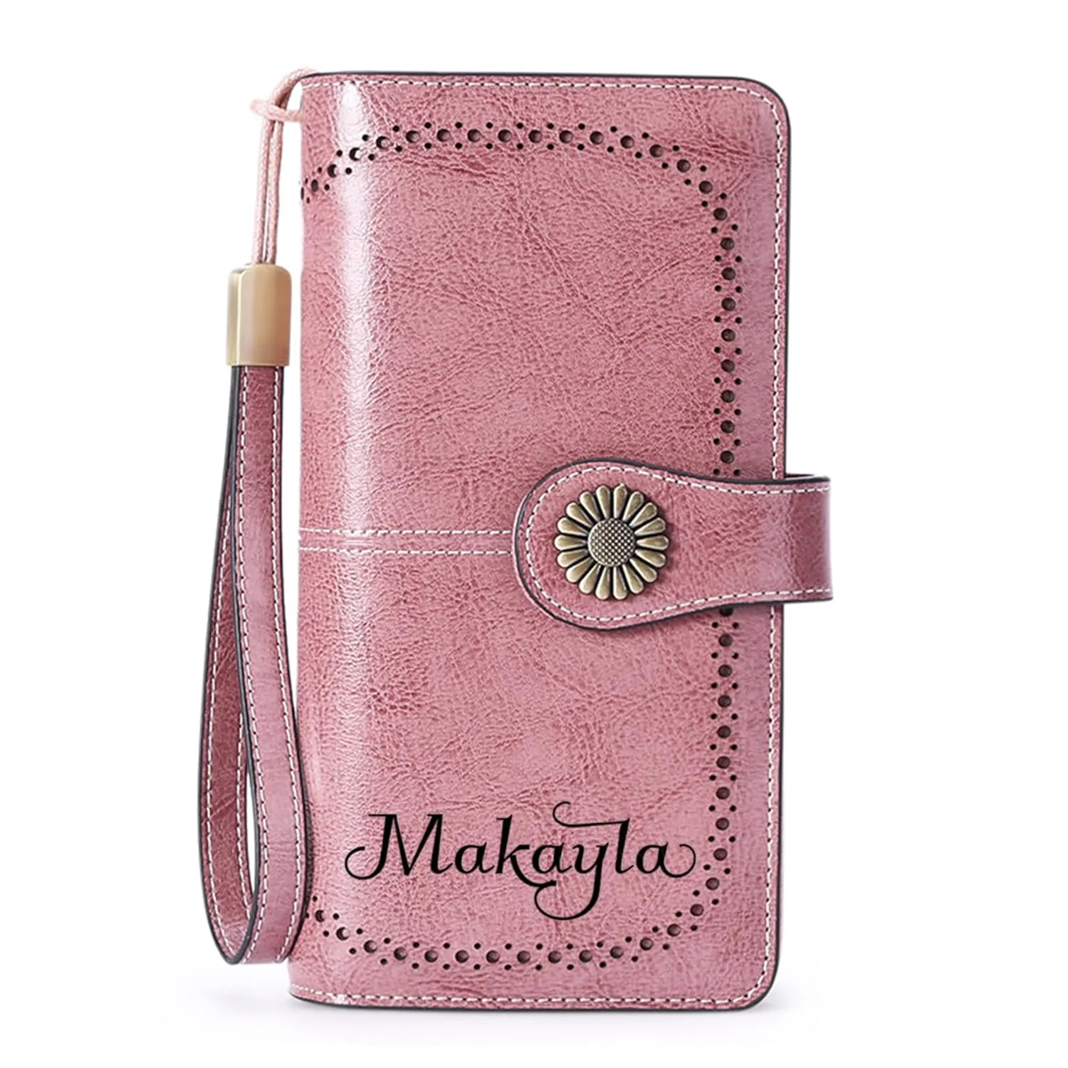 Custom Wristlet Wallet,Personalized Engraved Name Wallets with RFID Blocking Large Capacity Clutch Purse Credit Card Holder with Zipper Pocket for Women (Light pink)
