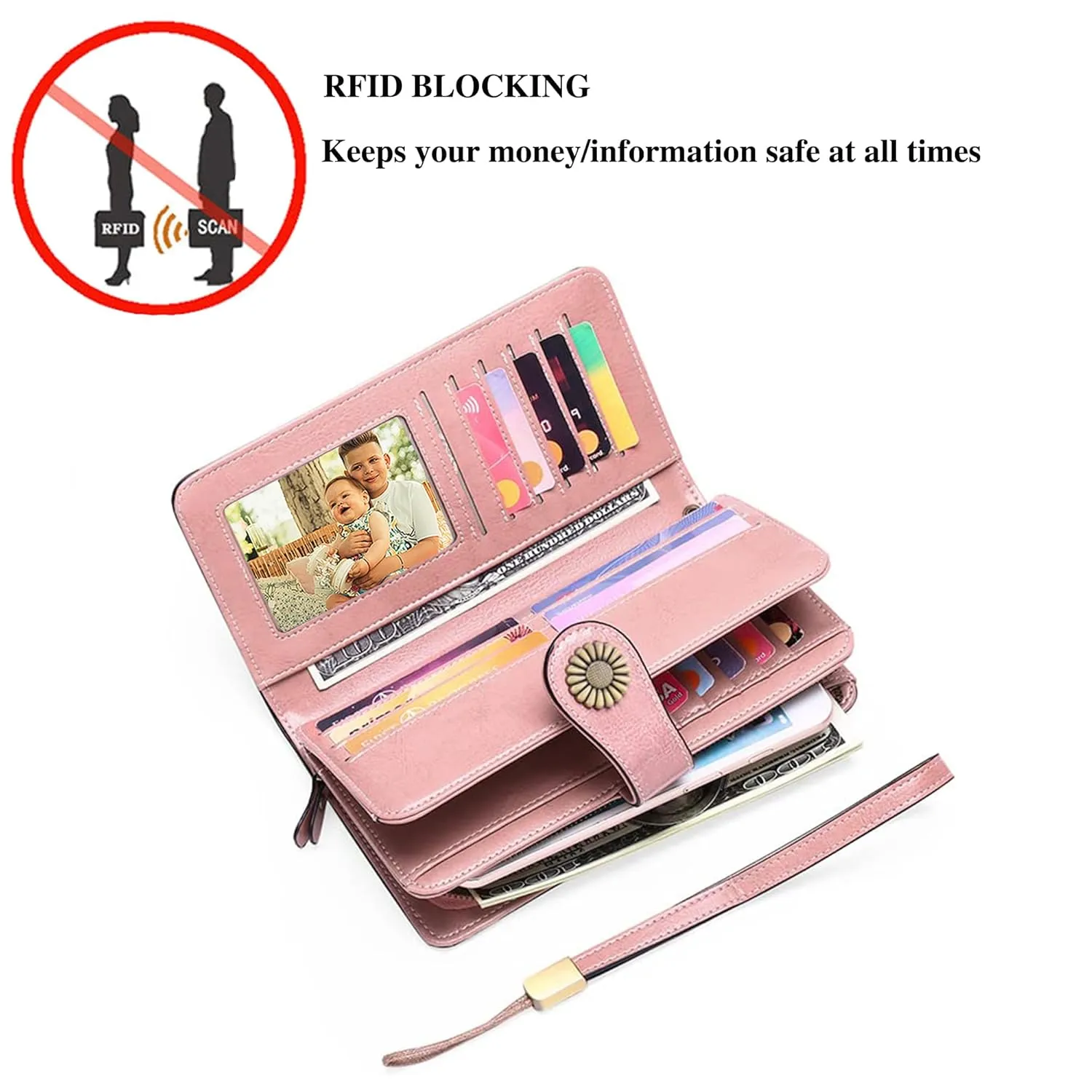 Custom Wristlet Wallet,Personalized Engraved Name Wallets with RFID Blocking Large Capacity Clutch Purse Credit Card Holder with Zipper Pocket for Women (Light pink)