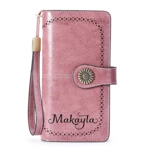 Custom Wristlet Wallet,Personalized Engraved Name Wallets with RFID Blocking Large Capacity Clutch Purse Credit Card Holder with Zipper Pocket for Women (Light pink)