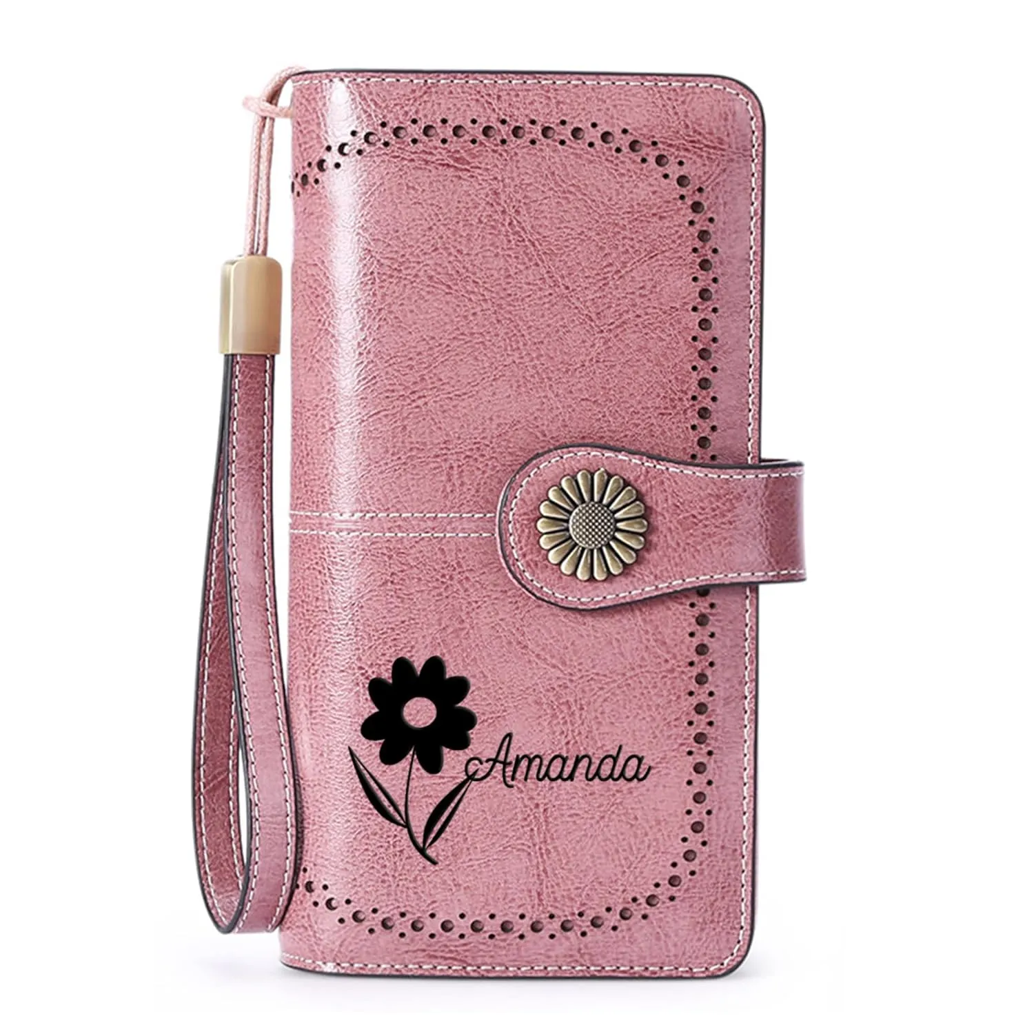 Custom Wristlet Wallet,Personalized Engraved Name Wallets with RFID Blocking Large Capacity Clutch Purse Credit Card Holder with Zipper Pocket for Women (Light pink)