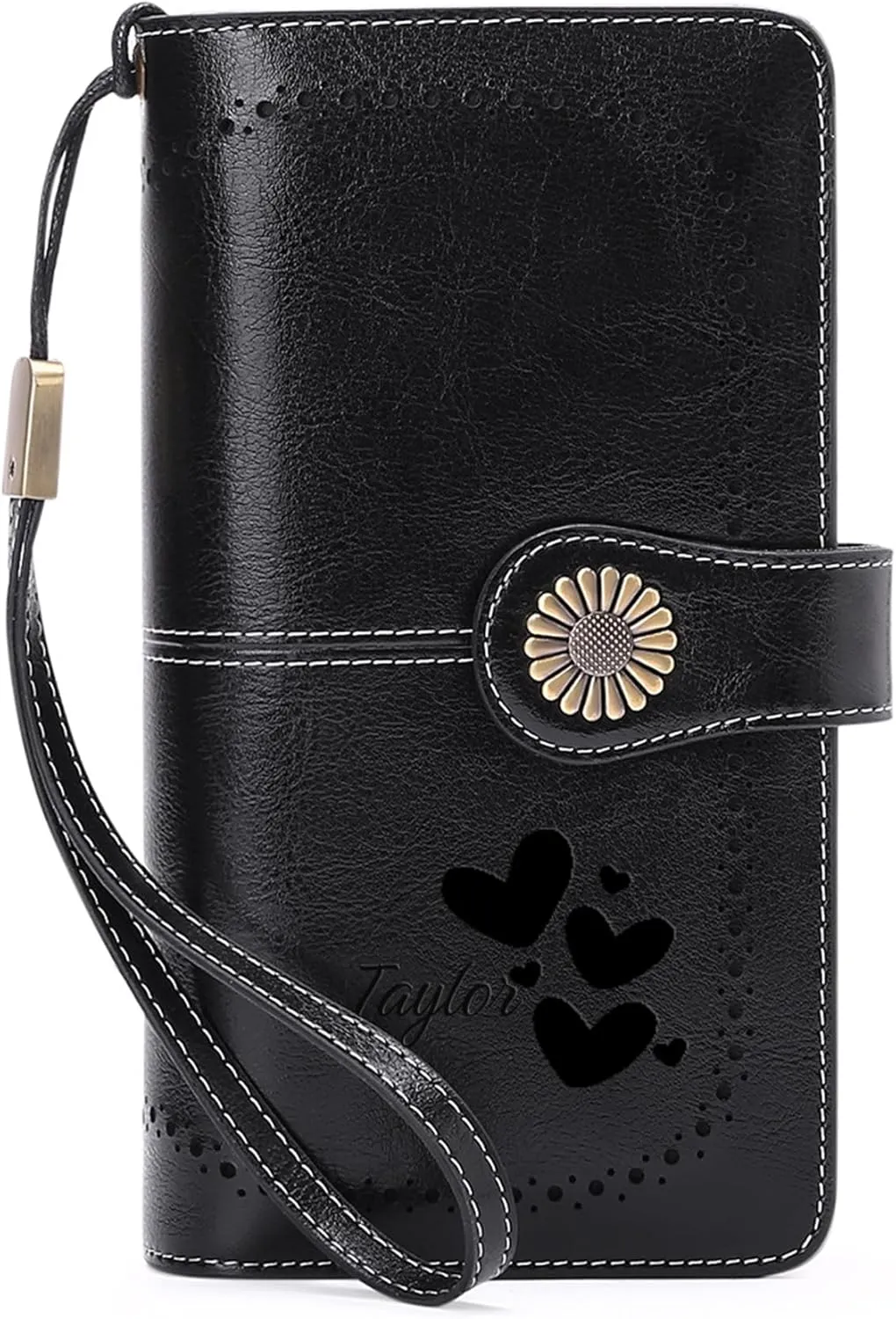 Custom Wristlet Wallet,Personalized Engraved Name Wallets with RFID Blocking Large Capacity Wristlet Clutch Purse Credit Card Holder for Women (Genuine Leather, Black)