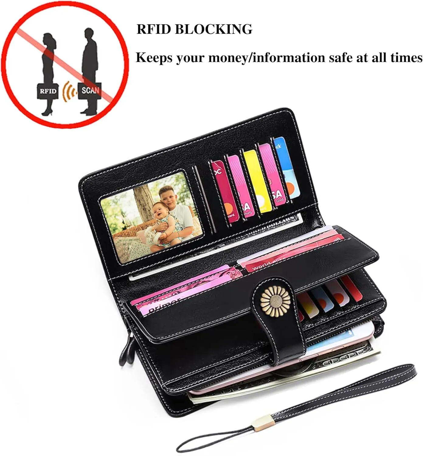 Custom Wristlet Wallet,Personalized Engraved Name Wallets with RFID Blocking Large Capacity Wristlet Clutch Purse Credit Card Holder for Women (Genuine Leather, Black)