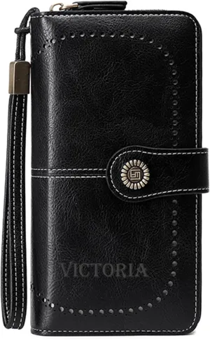 Custom Wristlet Wallet,Personalized Engraved Name Wallets with RFID Blocking Large Capacity Wristlet Clutch Purse Credit Card Holder for Women(Leather,Black-1)