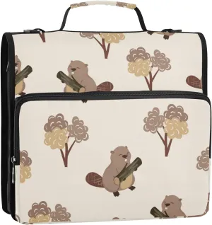 Cute Beavers and Trees Zipper Binder, 1.5 inch 3 Ring Binder Organizer Bag with Shoulder Strap and Handle, 500 Sheet Capacity