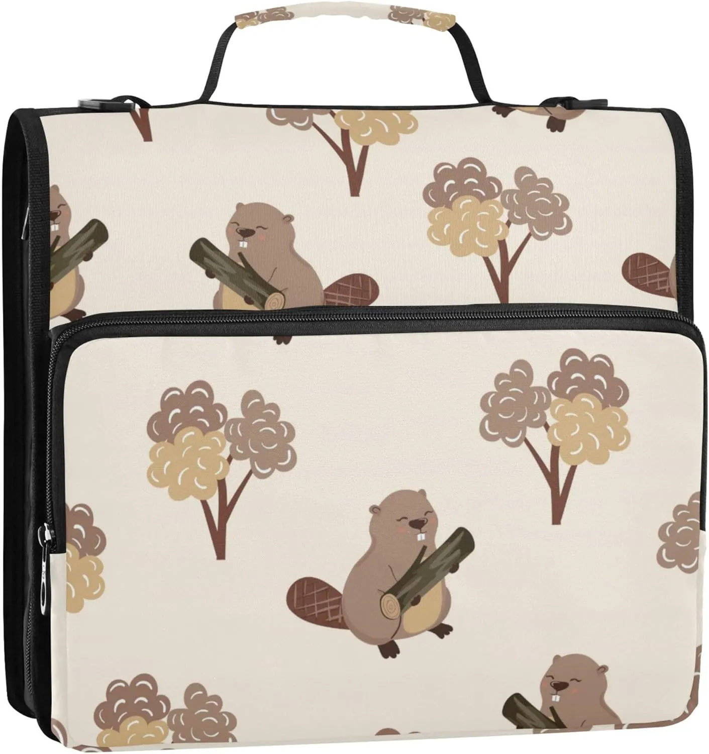 Cute Beavers and Trees Zipper Binder, 1.5 inch 3 Ring Binder Organizer Bag with Shoulder Strap and Handle, 500 Sheet Capacity