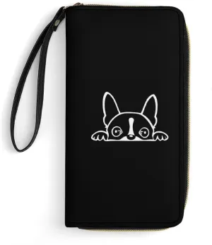 Cute Boston Terrier Leather Wallet Card Holder Purse Clutch Phone Pocket Credit Card Holder with Wristlet Strap