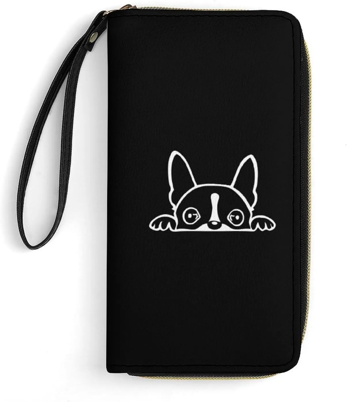 Cute Boston Terrier Leather Wallet Card Holder Purse Clutch Phone Pocket Credit Card Holder with Wristlet Strap