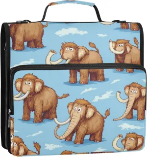Cute Cartoon Mammoth Blue Zipper Binder, 1.5 inch 3 Ring Binder Organizer Bag with Handle and Shoulder Strap, Multi-Pocket, 500 Sheet Capacity