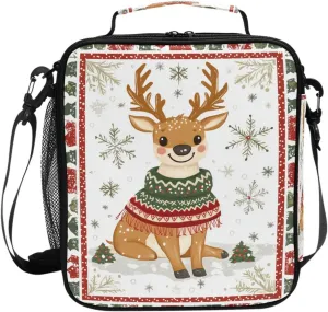 Cute Christmas Reindeer Lunch Box for Kids Girls Boys Insulated Lunch Bag for Women Men Reusable Lunchbox Large Cooler Bag Leakproof with Adjustable Shoulder Strap for Adult Work Picnic Travel