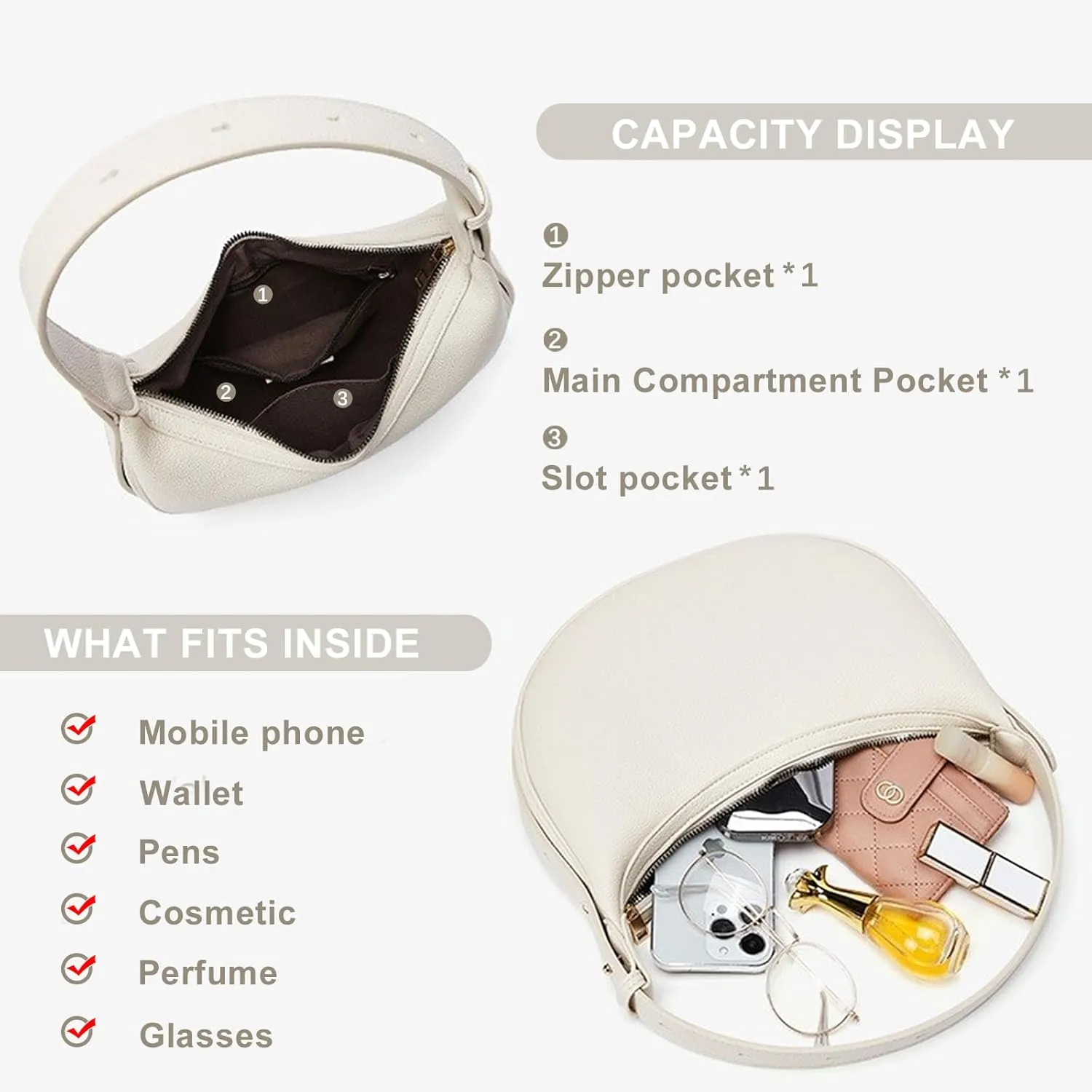 Cute shoulder bag Hobo Purses PU Leather Handbag moon bag Adjustable CrossBody Bag with Zipper-white