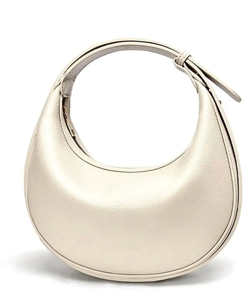 Cute shoulder bag Hobo Purses PU Leather Handbag moon bag Adjustable CrossBody Bag with Zipper-white
