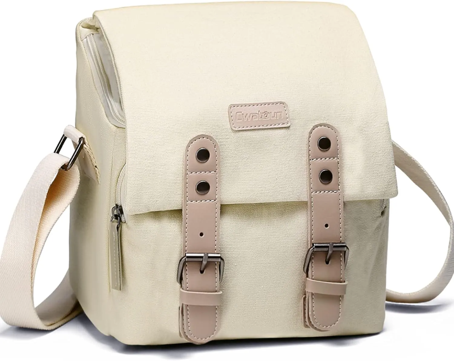 Cwatcun Compact Camera Bag Case Canvas Leather Trim Compatible for Nikon, Canon, Sony Mirrorless Camera and Lenses Waterproof, Camera Shoulder Messenger Bag Beige
