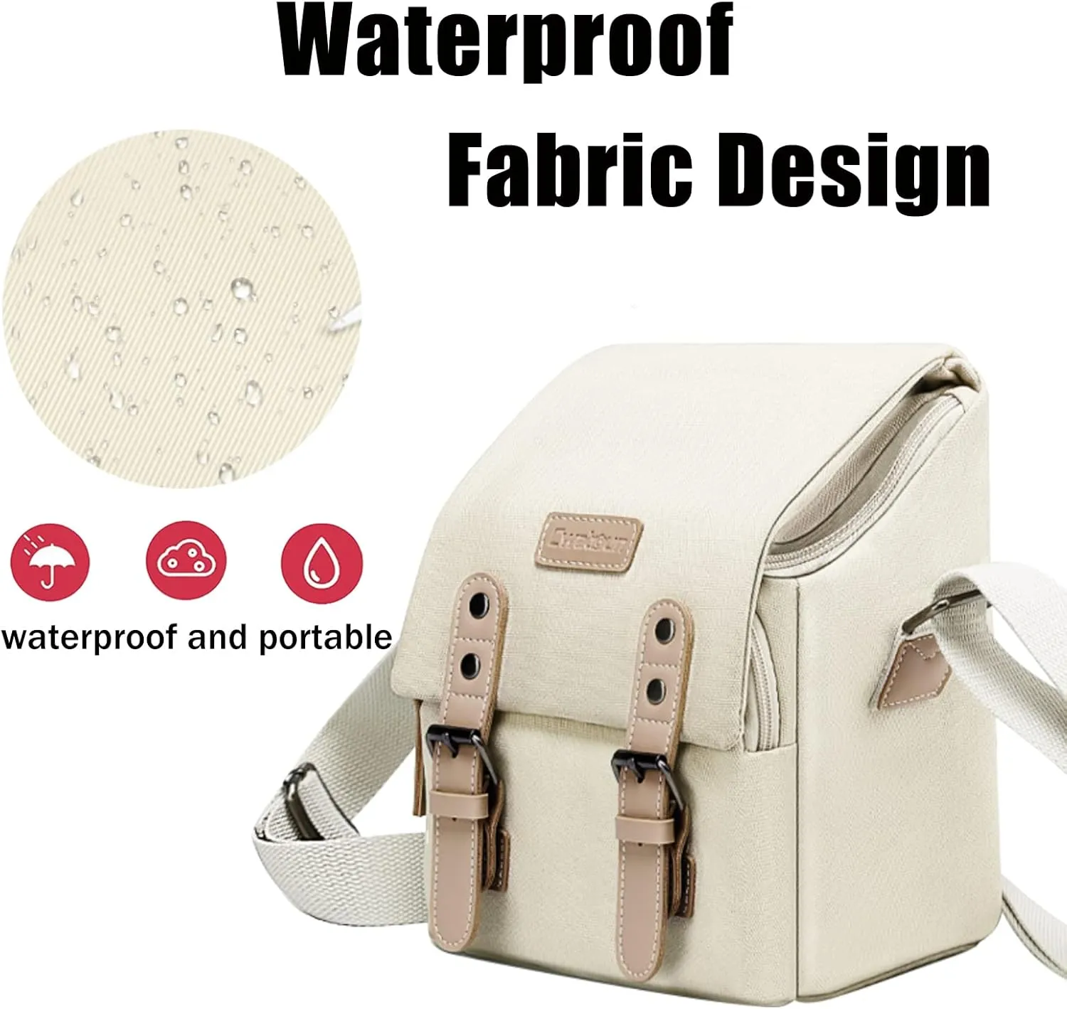 Cwatcun Compact Camera Bag Case Canvas Leather Trim Compatible for Nikon, Canon, Sony Mirrorless Camera and Lenses Waterproof, Camera Shoulder Messenger Bag Beige