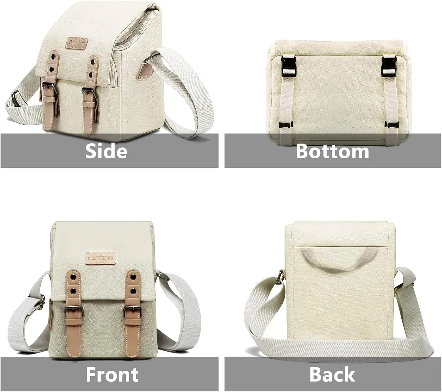 Cwatcun Compact Camera Bag Case Canvas Leather Trim Compatible for Nikon, Canon, Sony Mirrorless Camera and Lenses Waterproof, Camera Shoulder Messenger Bag Beige
