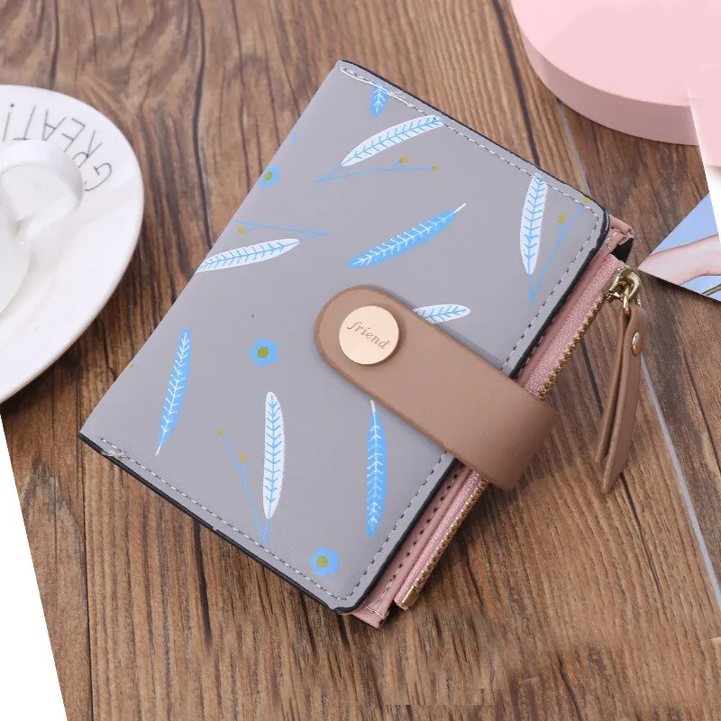 Cyflymder Short Leaf Print Women's Wallet Soft PU Leather Credit Card Holder Buckle Two-fold Ladies Zipper Coin Purse Cute Money Wallets
