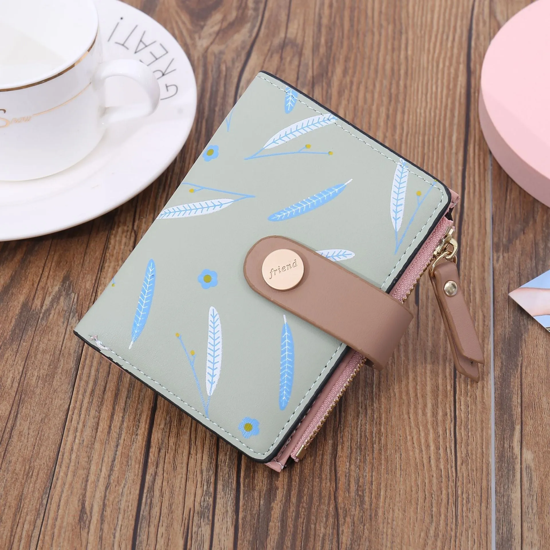 Cyflymder Short Leaf Print Women's Wallet Soft PU Leather Credit Card Holder Buckle Two-fold Ladies Zipper Coin Purse Cute Money Wallets