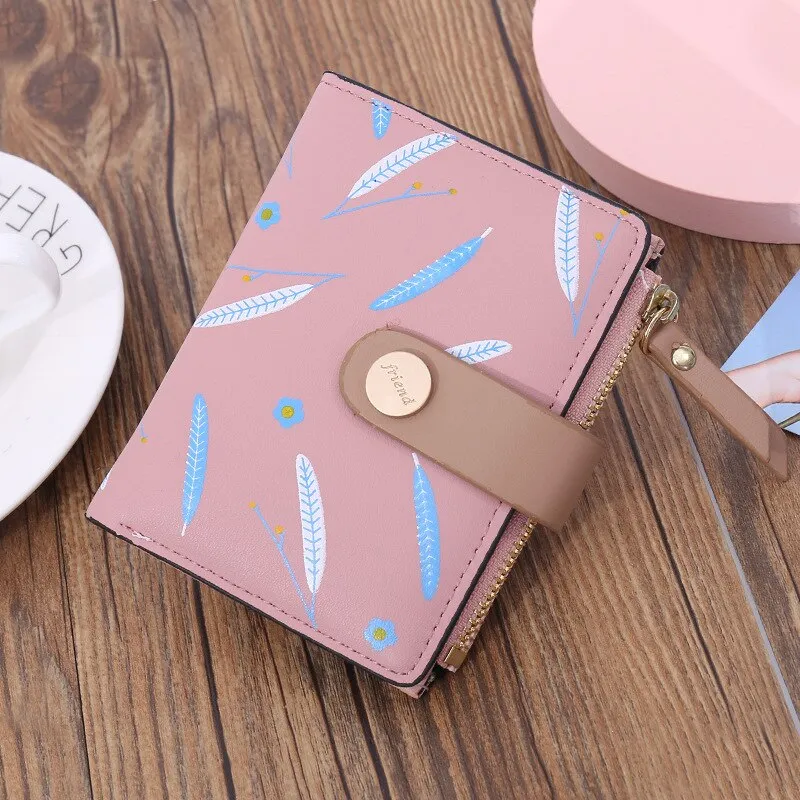 Cyflymder Short Leaf Print Women's Wallet Soft PU Leather Credit Card Holder Buckle Two-fold Ladies Zipper Coin Purse Cute Money Wallets