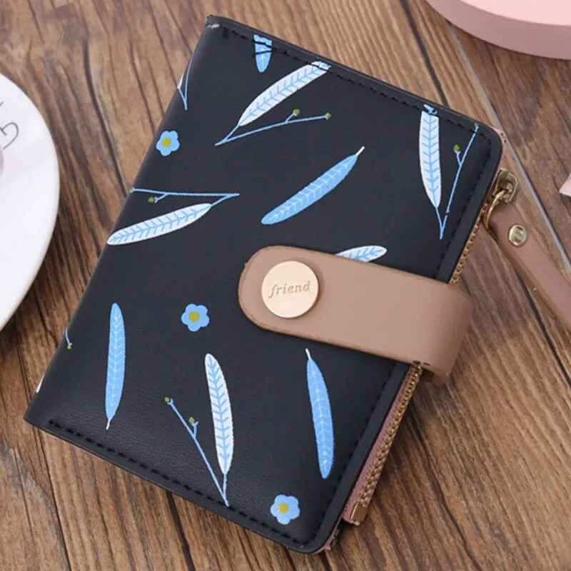 Cyflymder Short Leaf Print Women's Wallet Soft PU Leather Credit Card Holder Buckle Two-fold Ladies Zipper Coin Purse Cute Money Wallets