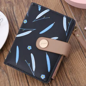 Cyflymder Short Leaf Print Women's Wallet Soft PU Leather Credit Card Holder Buckle Two-fold Ladies Zipper Coin Purse Cute Money Wallets