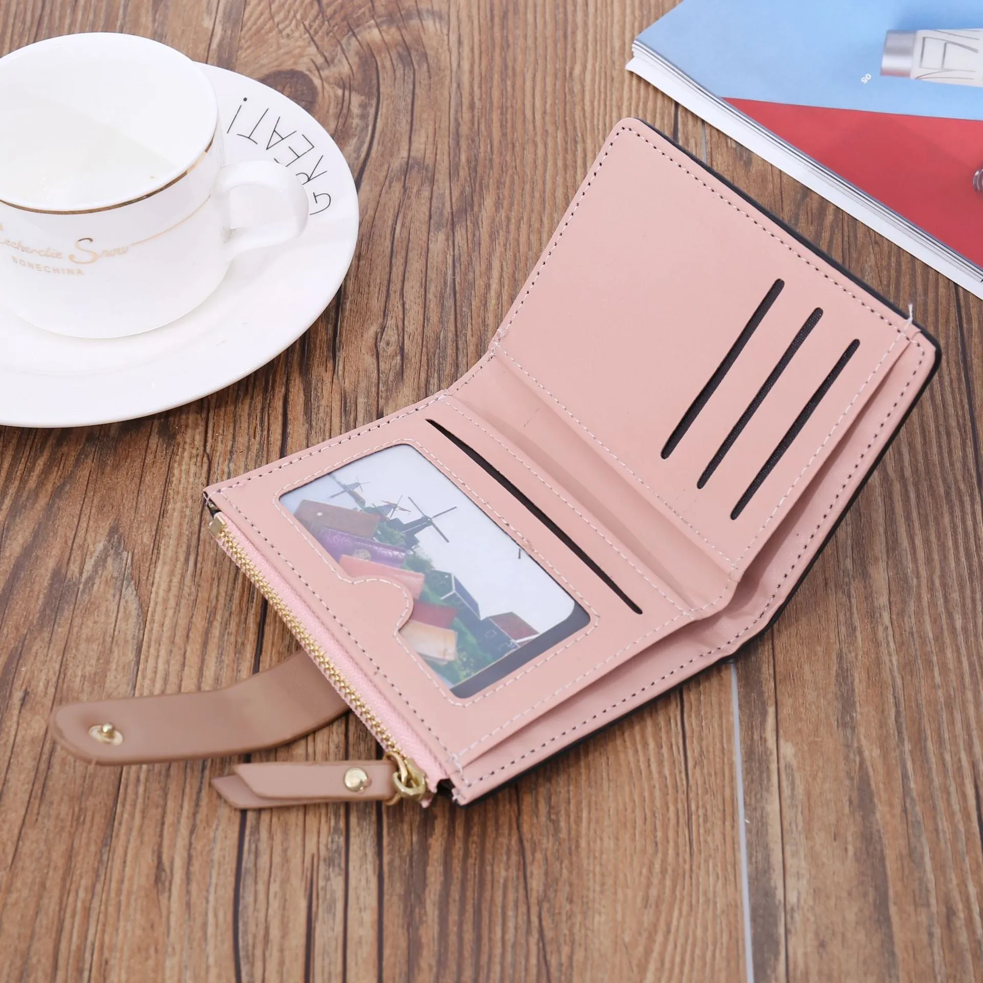Cyflymder Short Leaf Print Women's Wallet Soft PU Leather Credit Card Holder Buckle Two-fold Ladies Zipper Coin Purse Cute Money Wallets