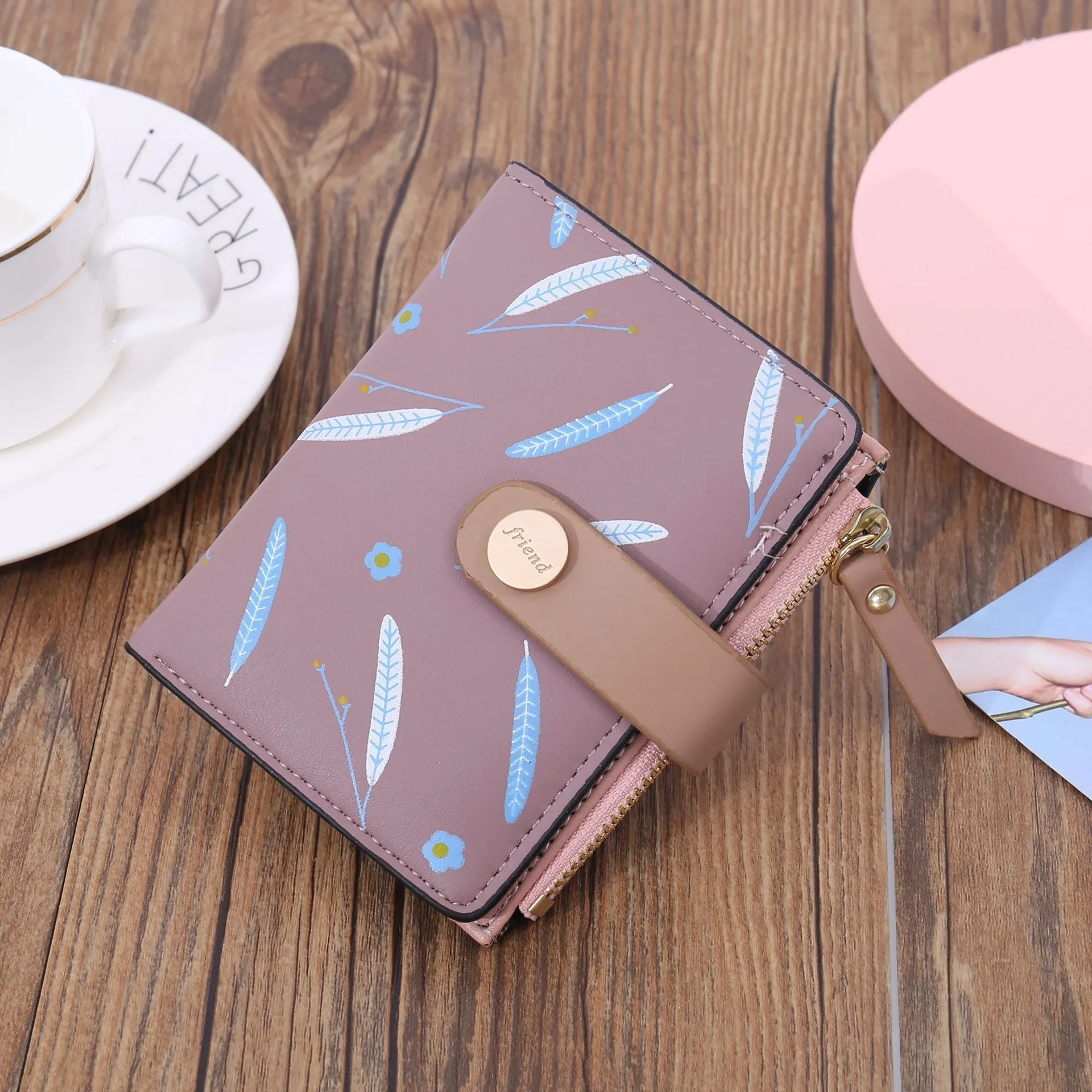 Cyflymder Short Leaf Print Women's Wallet Soft PU Leather Credit Card Holder Buckle Two-fold Ladies Zipper Coin Purse Cute Money Wallets