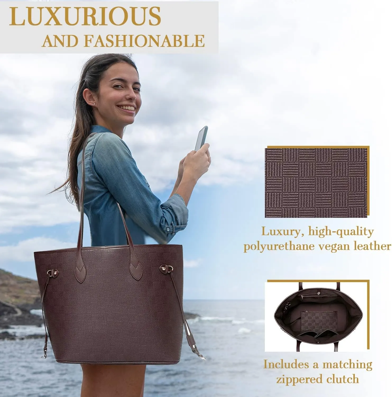 Daisy Rose Tote Shoulder Travel Bag & Matching Clutch PU Vegan Leather
