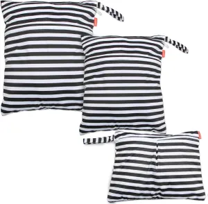 Damero 3pcs Travel Wet and Dry Bag with Handle for Cloth Diaper, Pumping Parts, Clothes, Swimsuit and More, Easy to Grab and Go, Black Strips
