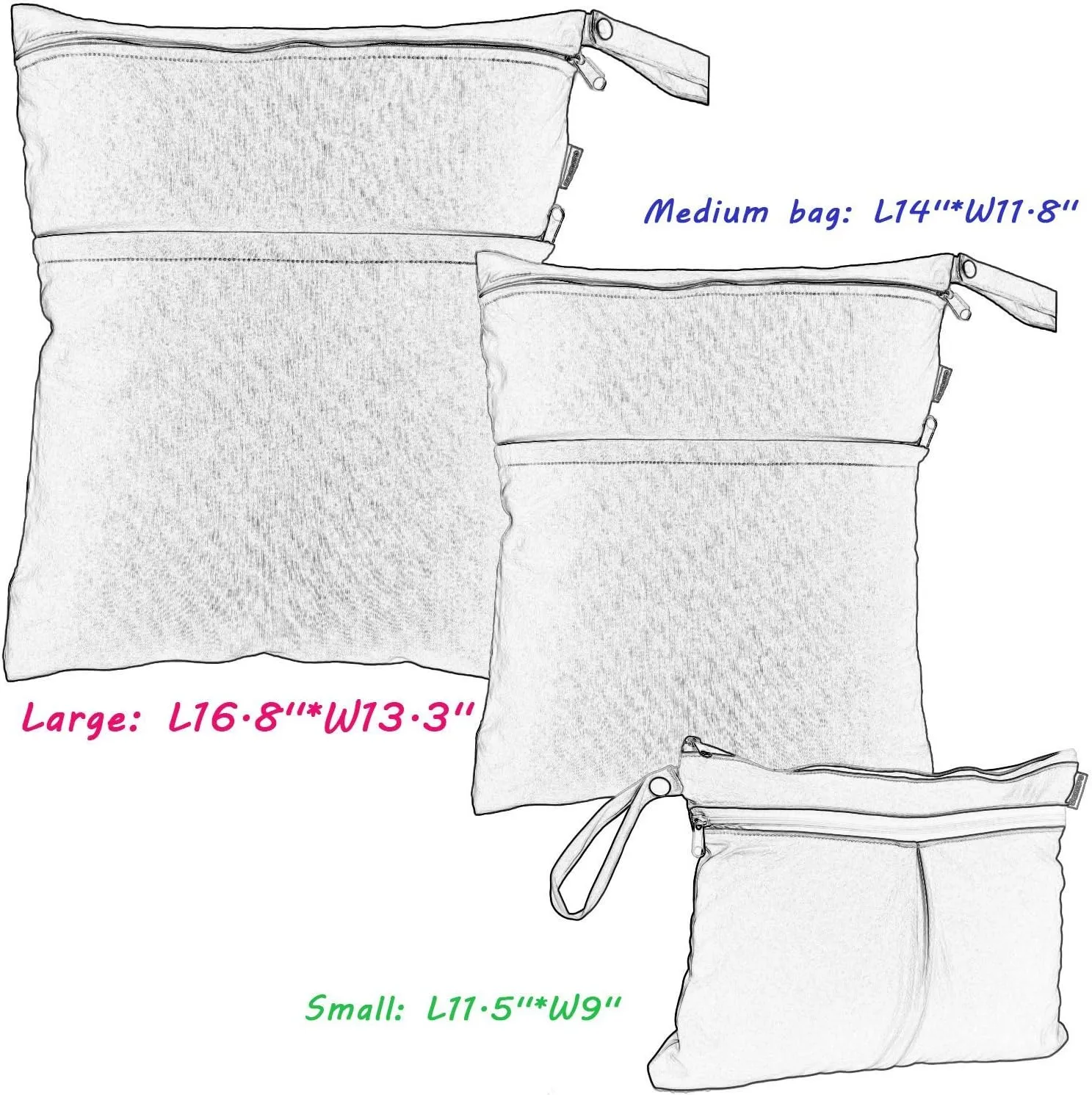 Damero 3pcs Travel Wet and Dry Bag with Handle for Cloth Diaper, Pumping Parts, Clothes, Swimsuit and More, Easy to Grab and Go, Black Strips