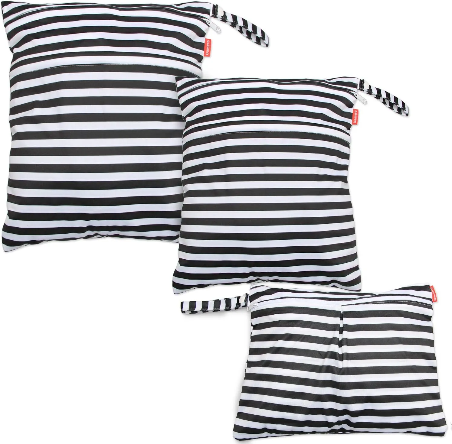 Damero 3pcs Travel Wet and Dry Bag with Handle for Cloth Diaper, Pumping Parts, Clothes, Swimsuit and More, Easy to Grab and Go, Black Strips