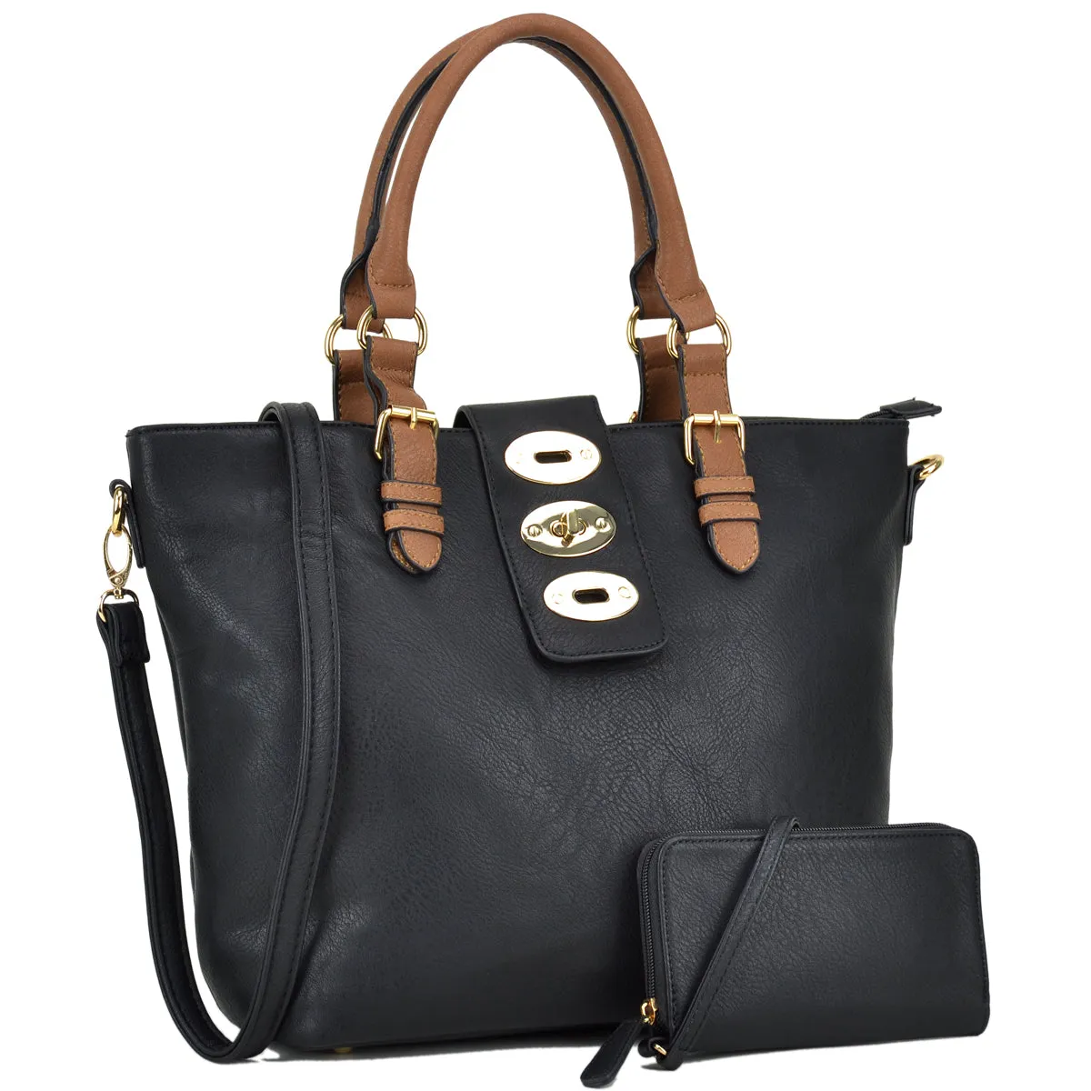 Dasein Fashion Faux Leather Work Tote with Adjustable Twist Lock and Matching Wallet