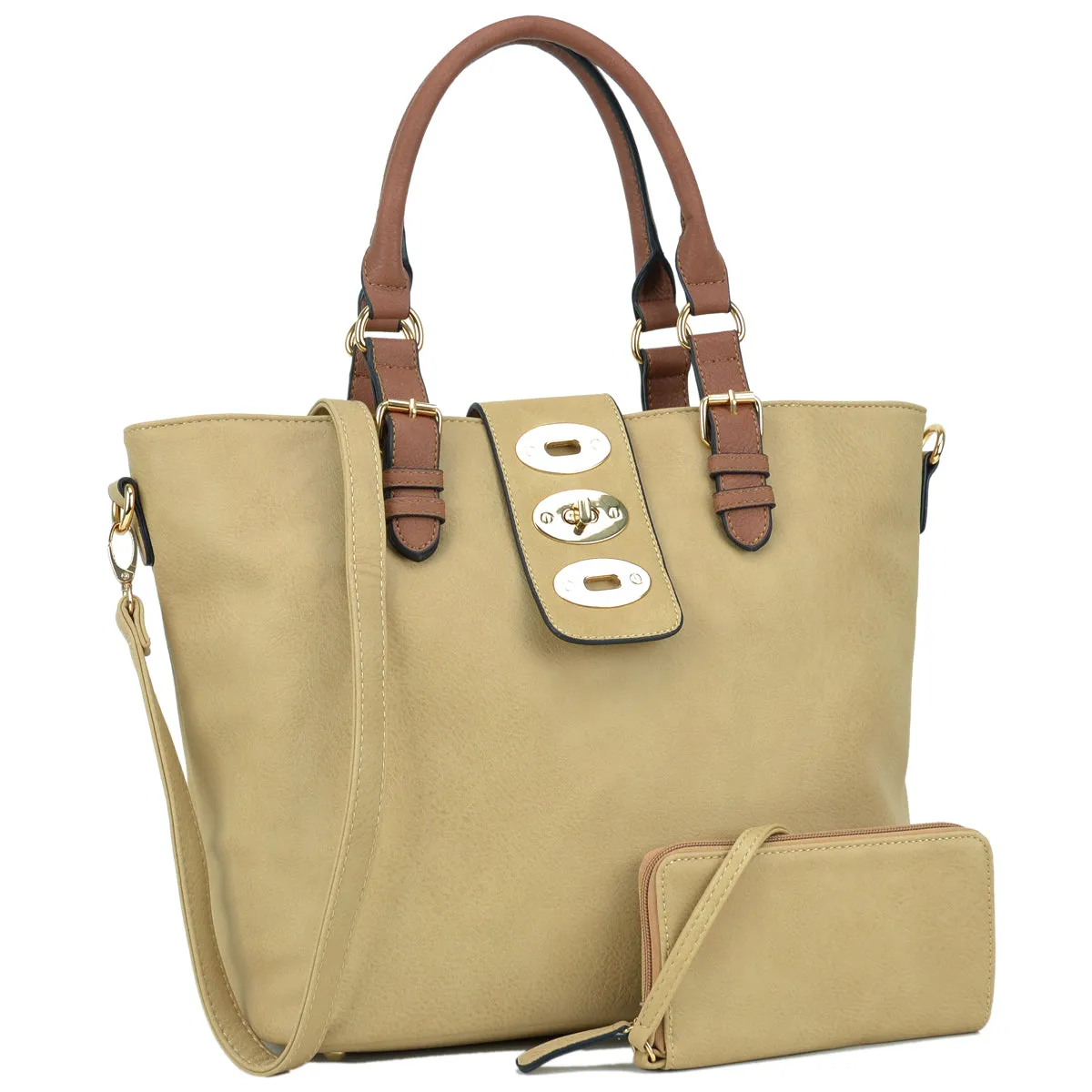 Dasein Fashion Faux Leather Work Tote with Adjustable Twist Lock and Matching Wallet