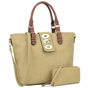 Dasein Fashion Faux Leather Work Tote with Adjustable Twist Lock and Matching Wallet