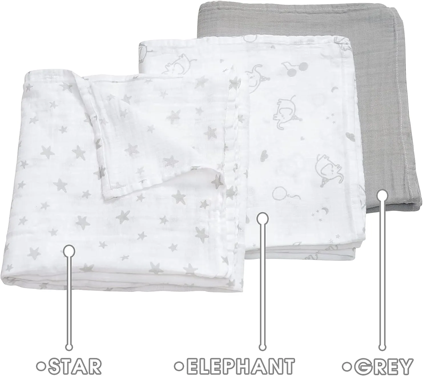 david's kids 3 Pack Baby Muslin Swaddle Blankets, 100% Cotton and Ultra Soft Breathable Receiving Blanket Wrap for Boys Girls, New Born Essentials, Large 47 x 47 inches, Grey/Elephant/Stars